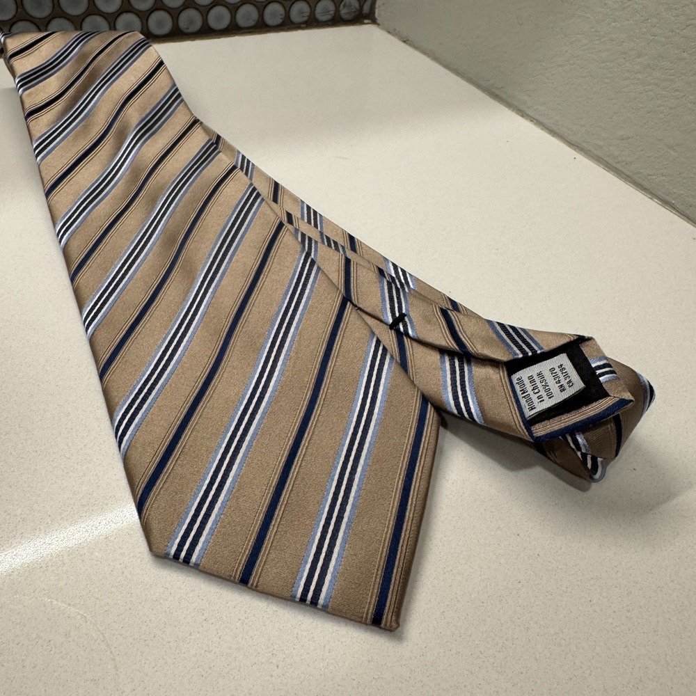 Croft & Barrow Tie Beige Blue Stripe Necktie 100% Silk Business Luxury Old Money